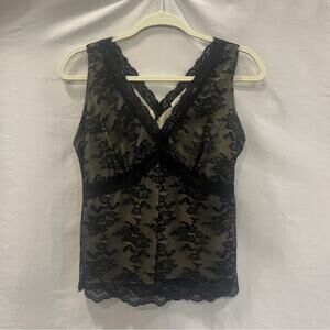 Worthington Lace Burnout Black Top Womens Medium V Neck Sexy Tank Dark Romantic
